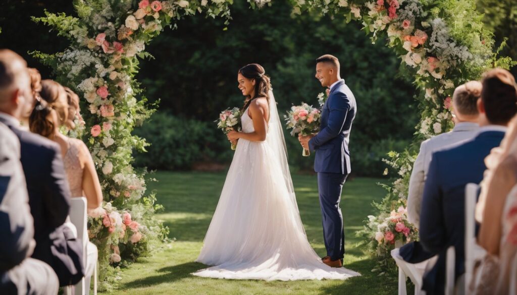 A bride and groom standing under an arch during their wedding ceremony.