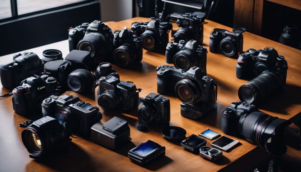 A group of cameras on a table in front of a window.