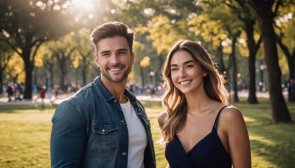 A man and woman standing together in a park.