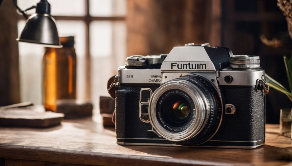 The fujifilm x100f camera sits on a wooden table.