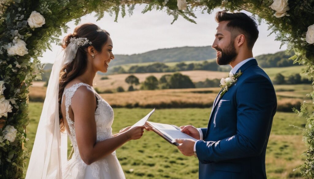 A bride and groom exchange vows in a field.