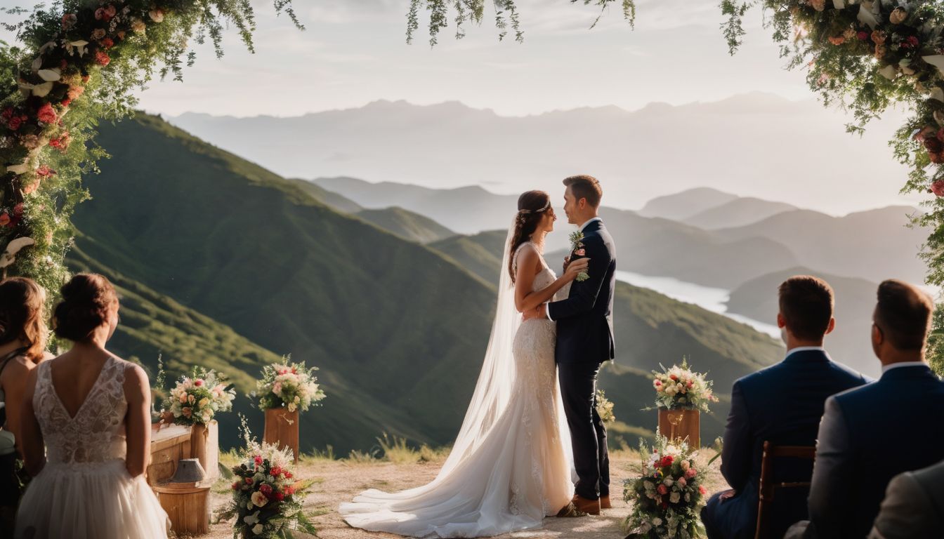 A bride and groom at their wedding ceremony overlooking the mountains.