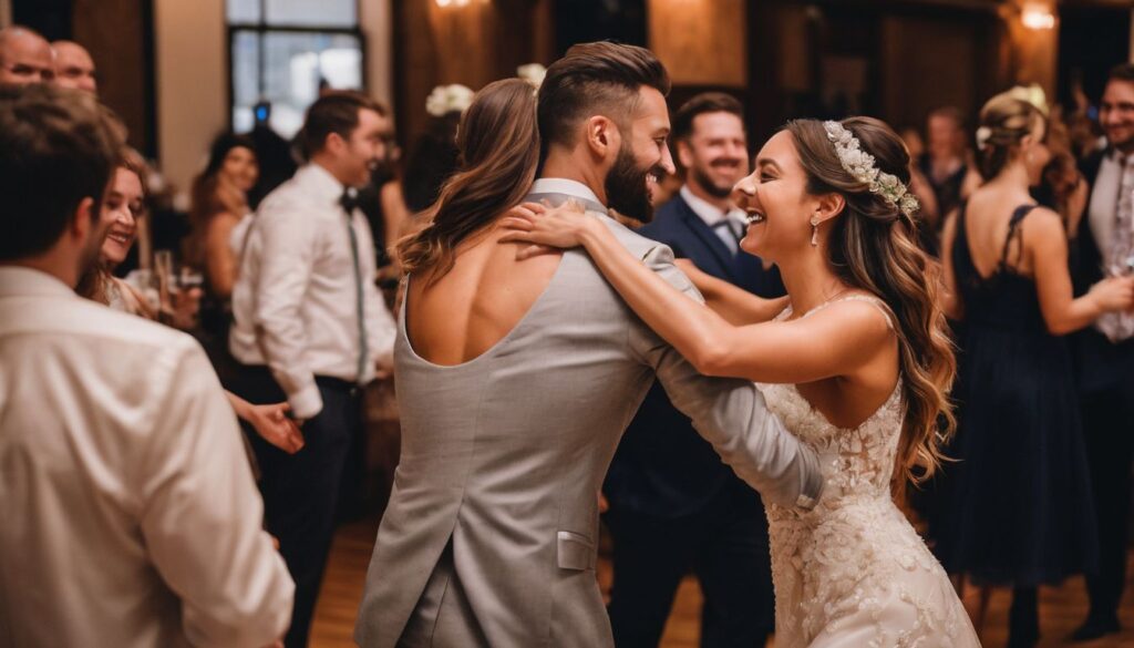 A bride and groom dancing at their wedding reception.