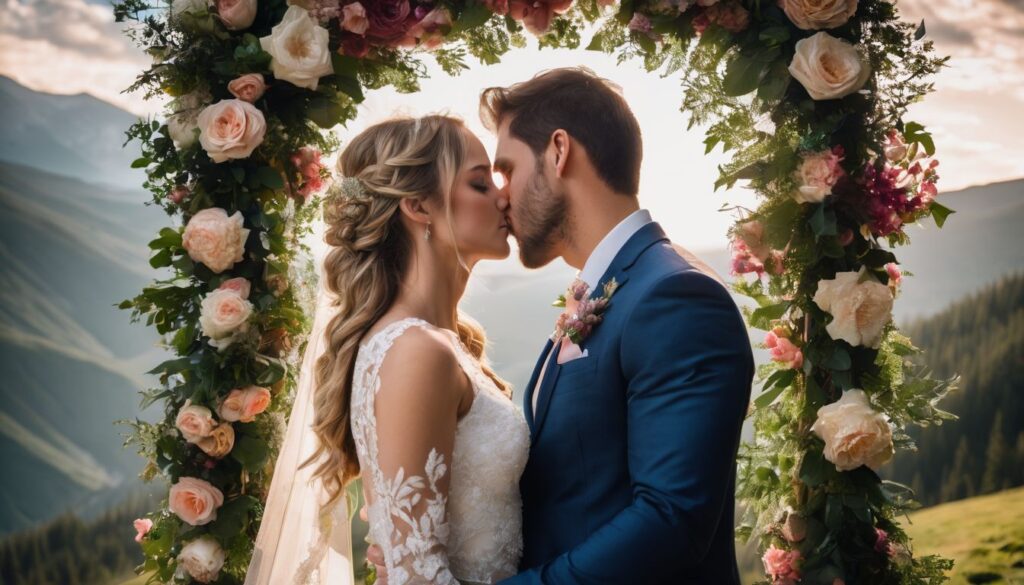 A bride and groom kissing under an arch in the mountains.