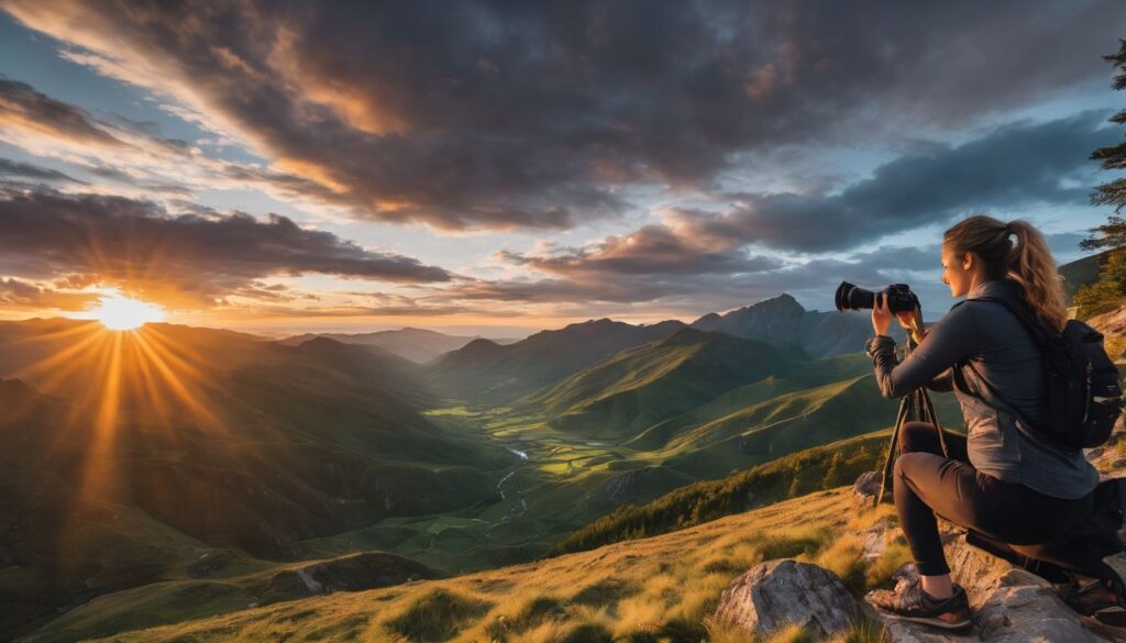 A woman is taking a photo of the mountains at sunset.