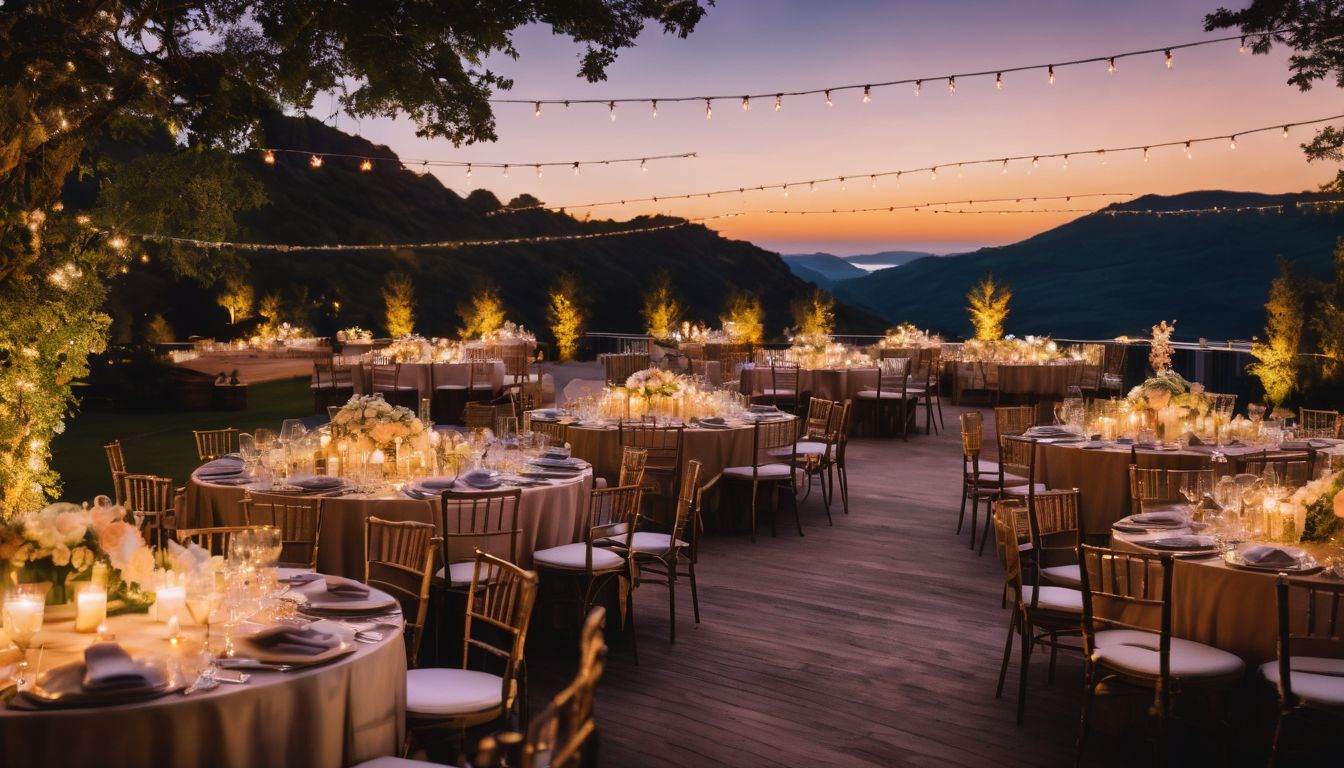 A wedding reception set up in the mountains at dusk.