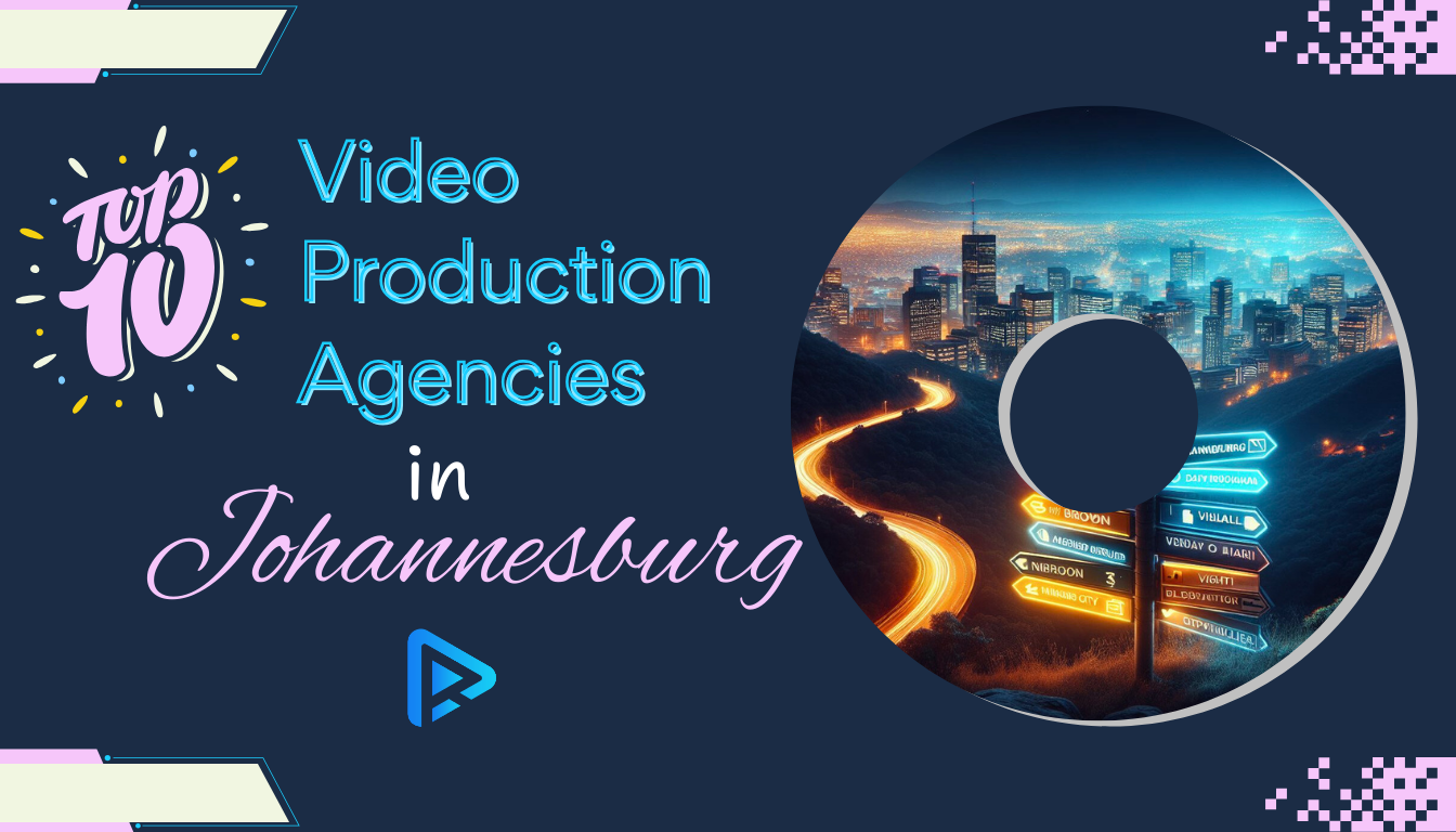 Graphic titled "top 10 video production agencies in johannesburg", featuring a stylized number 0 with a cityscape and road imagery inside it, set against a vibrant, colorful background.