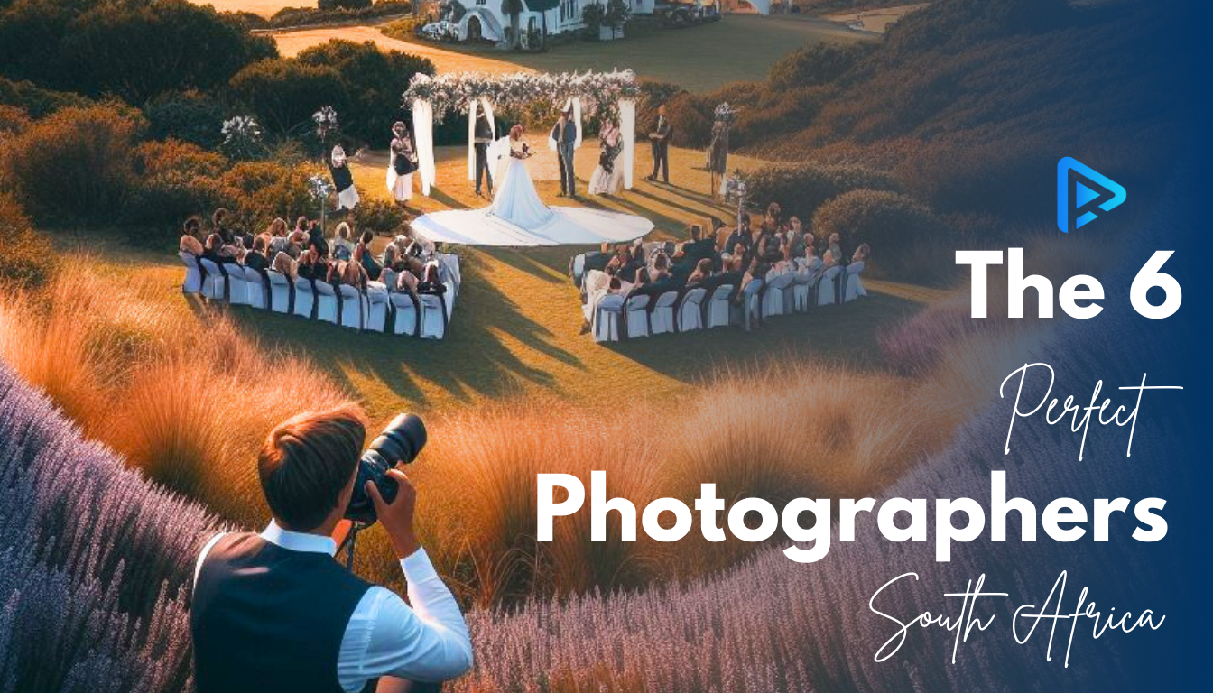 A wedding ceremony set outdoors with guests seated in a semi-circle. A photographer in the foreground is taking pictures. Text overlay says, "The 6 Perfect Photographers, South Africa.