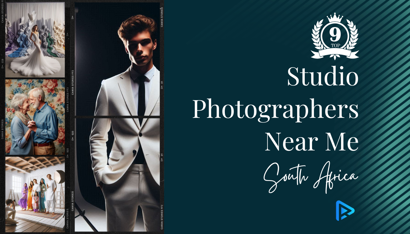 A graphic featuring the text "Top 9 Studio Photographers Near Me, South Africa" with images of various photo subjects including a man in a suit, a couple, a wedding dress model, and a group photo.