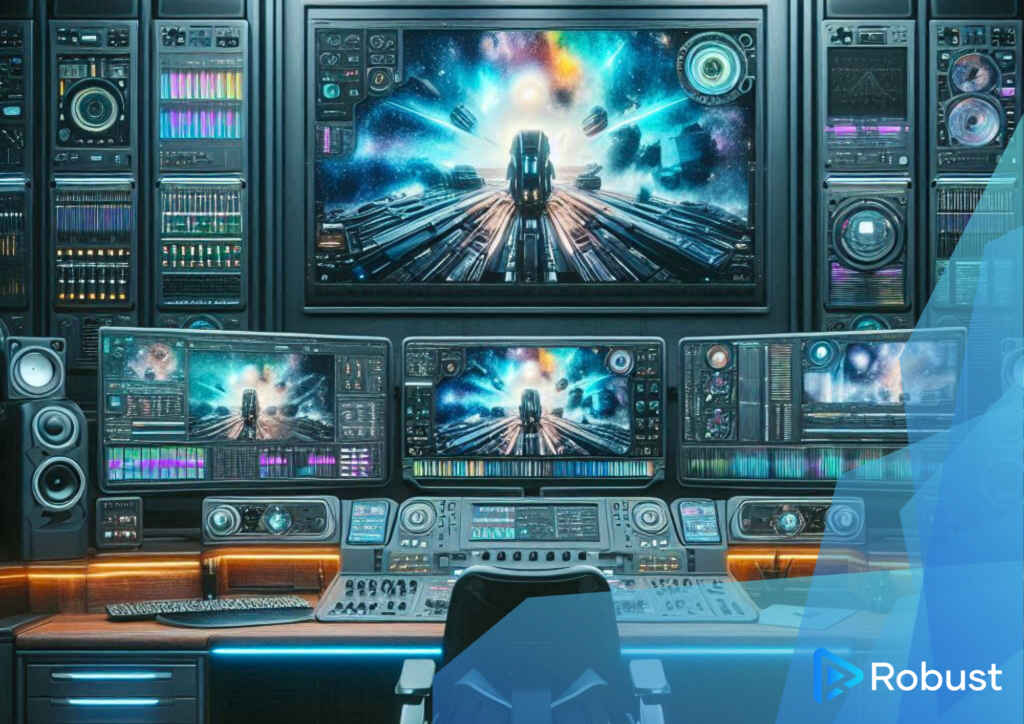 A high-tech control room with multiple screens displaying futuristic space scenes and data, surrounded by various control panels and audio equipment.