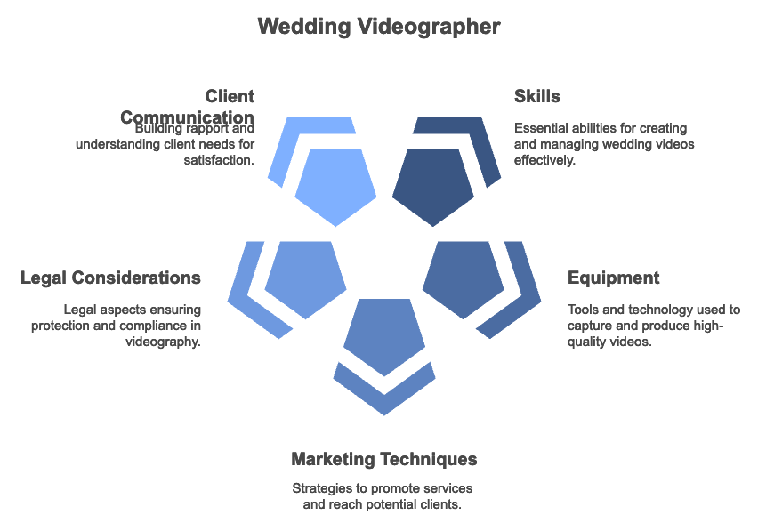 Infographic titled "Wedding Videographer" with five sections: Client Communication, Skills, Equipment, Marketing Techniques, and Legal Considerations. Each section details related aspects.