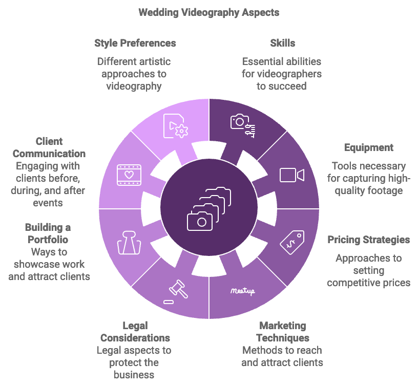 Infographic of wedding videography aspects showing style preferences, skills, equipment, pricing strategies, marketing techniques, legal considerations, portfolio building, and client communication.